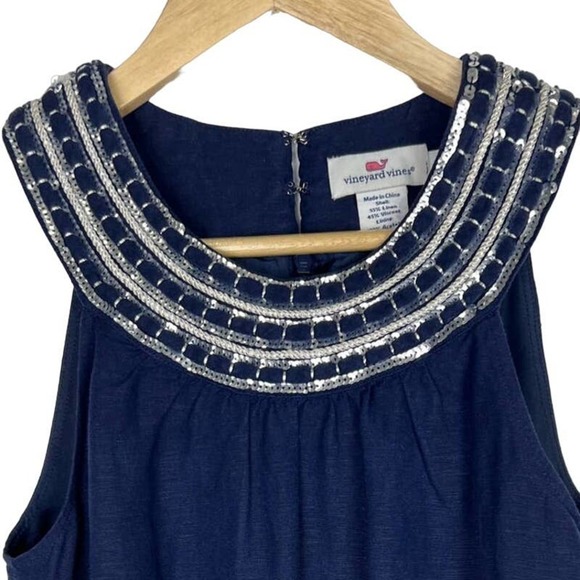 VINEYARD VINES Size 2 Navy SEQUIN EMBELLISHED Linen Blend SHIFT Dress - Picture 1 of 7